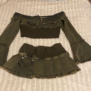 Fashion Nova Olive Frayed Skirt Set